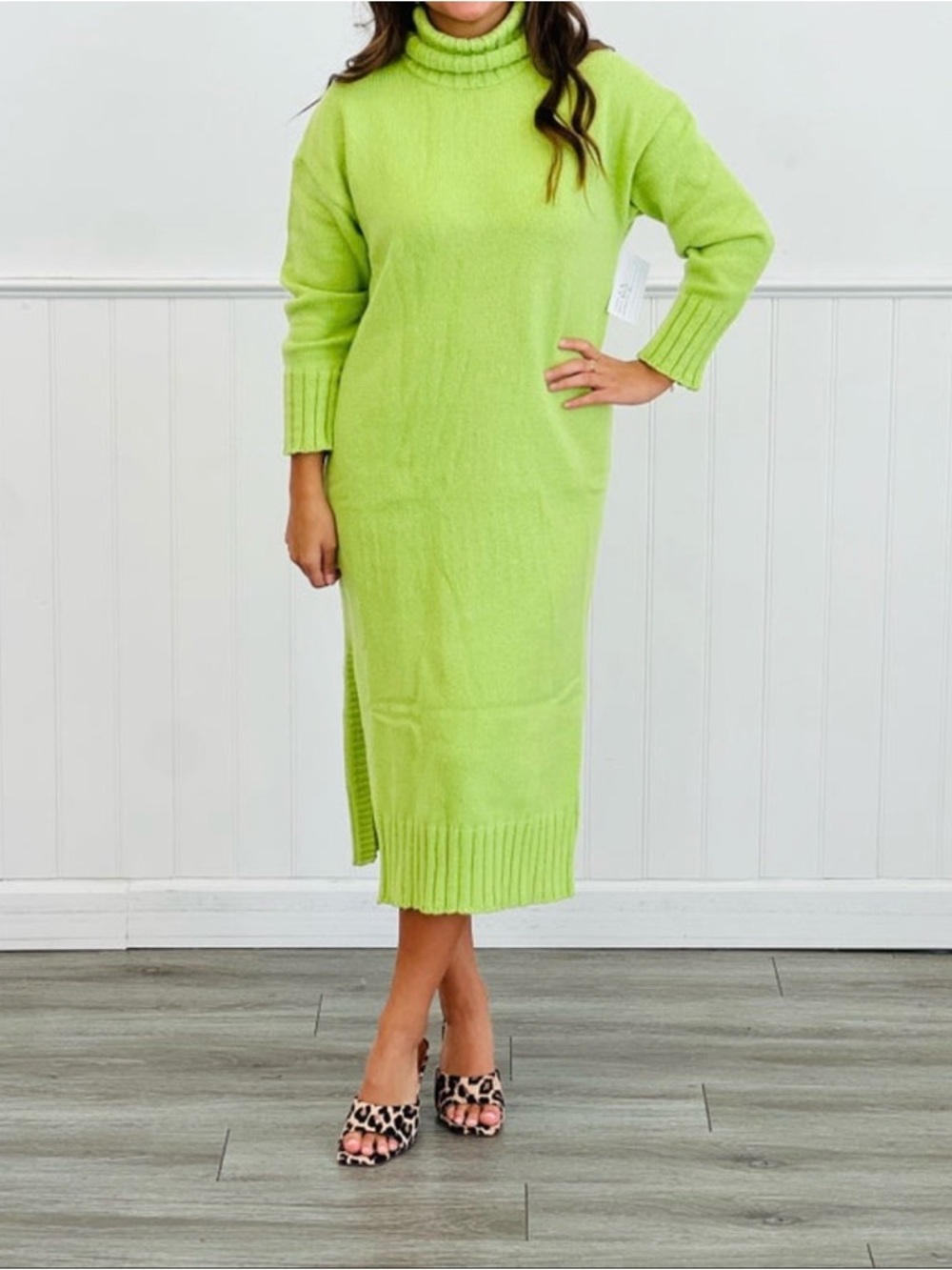 Lovelo Plus 1XL Turtleneck Lime Green Maxi Sweater Dress NWOT Spring/Winter Boho